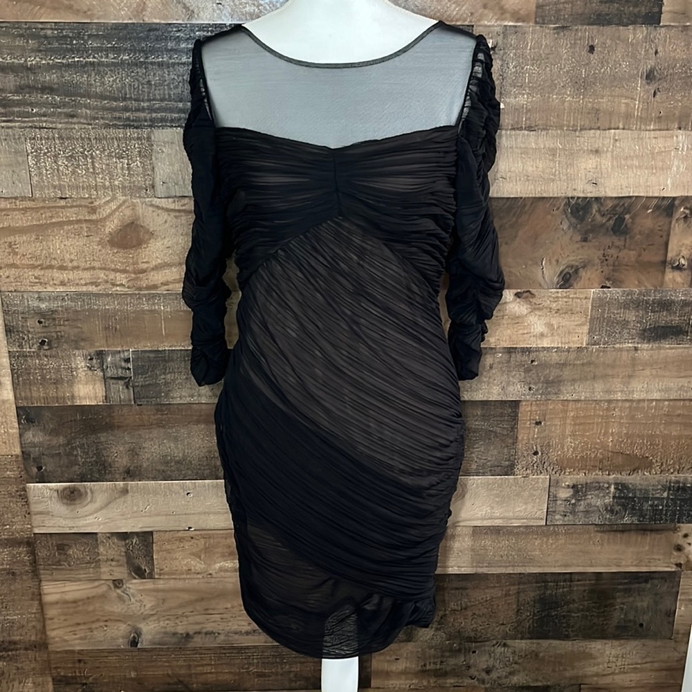 BCBG shirred black cocktail dress size Large Side Zipper Opening